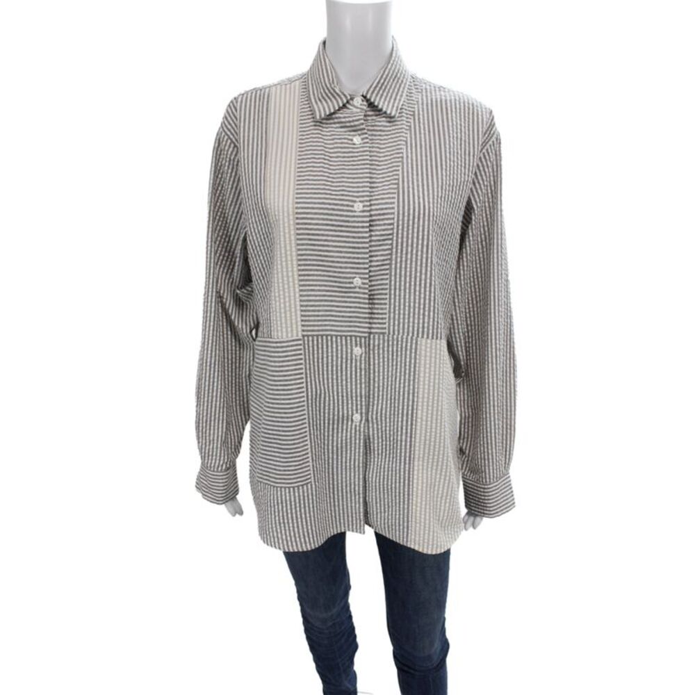 Kimberly Taylor Women Gray Linen Striped Button Up Long Sleeve Top Size M